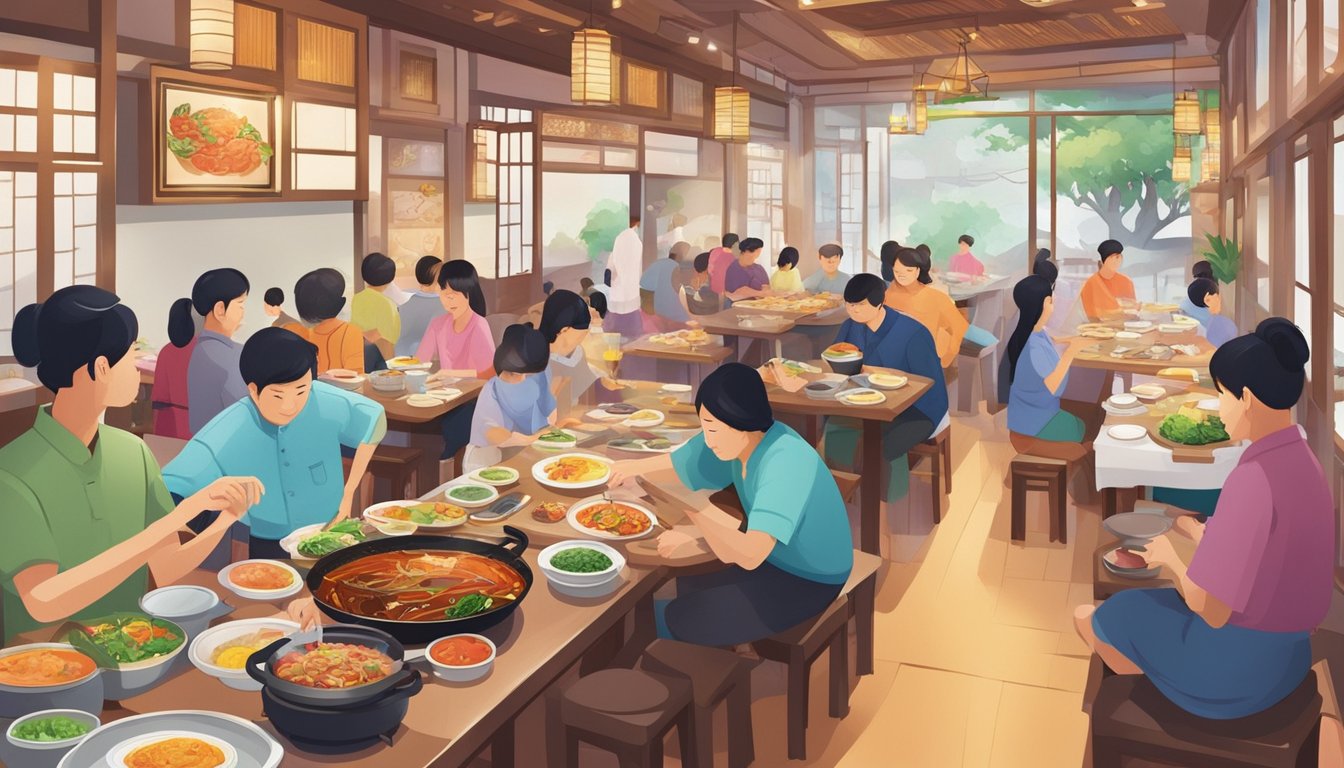 A bustling Korean restaurant in Singapore, with colorful traditional decor and a steaming hotpot bubbling on each table. Customers eagerly sample a variety of delicious and fragrant dishes, while the chef skillfully prepares a sizzling barbecue at the center of the