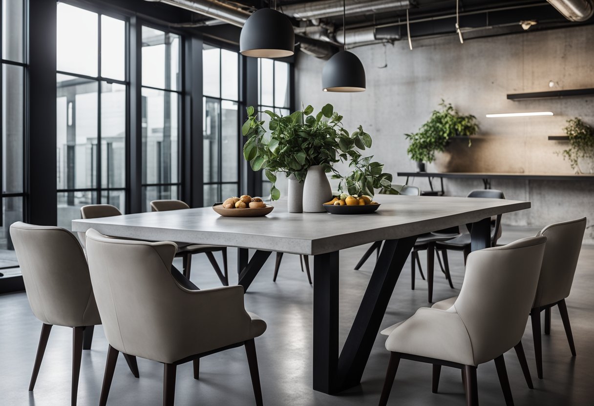 A modern concrete dining table with sleek lines and a polished finish, surrounded by minimalist concrete chairs, set against a backdrop of industrial-inspired decor