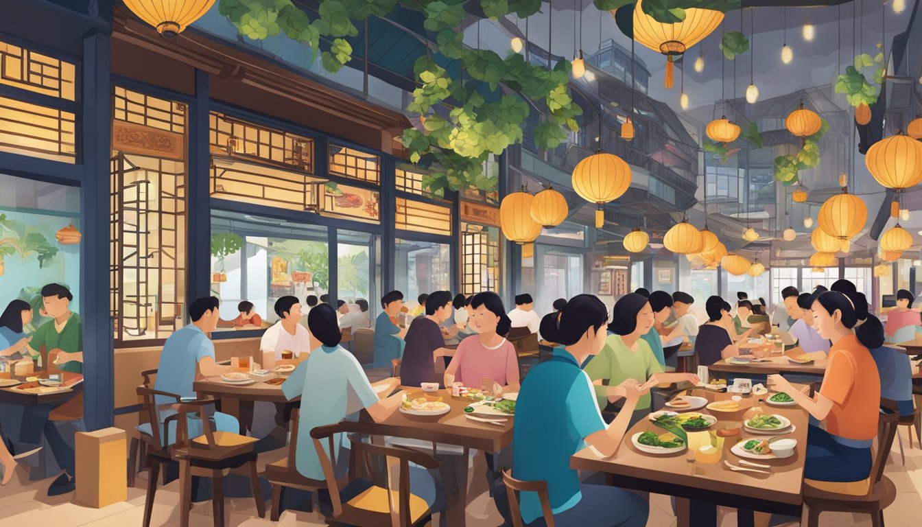 A bustling Korean restaurant in Singapore, with diners enjoying traditional dishes and vibrant decor
