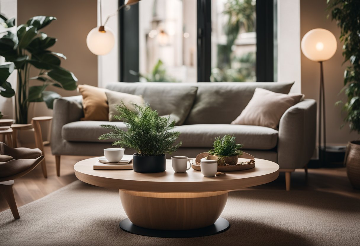 A cozy living room with a plush sofa, warm lighting, and a stylish coffee table. Plants and art add a touch of hominess