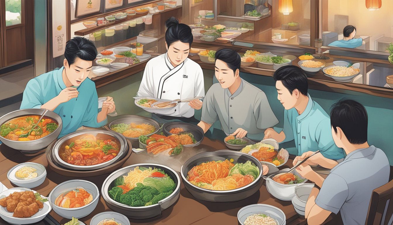 Customers peruse the vibrant Menu at Daebak Korean Restaurant, with colorful illustrations of traditional dishes and mouth-watering descriptions