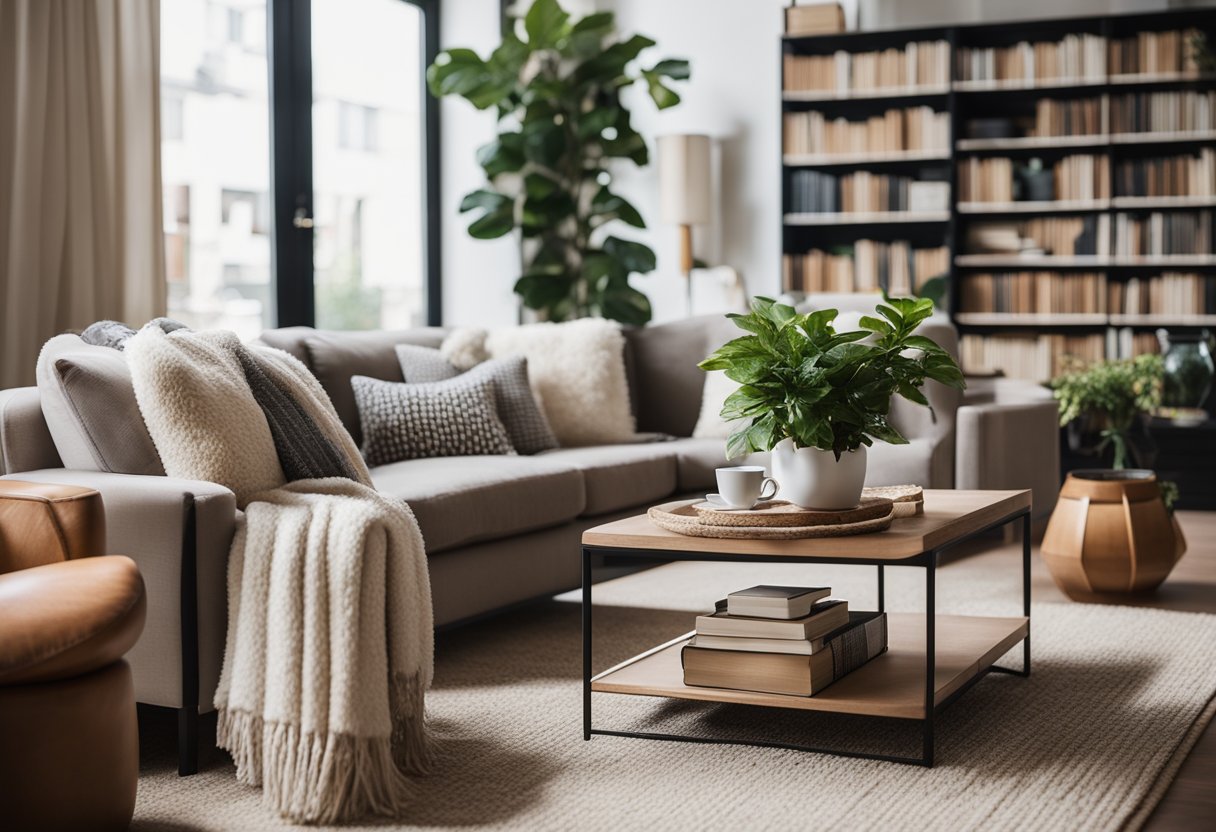A living room with a plush sofa, elegant coffee table, and soft rug. A bookshelf filled with books, cozy throw blankets, and potted plants add warmth and character to the space