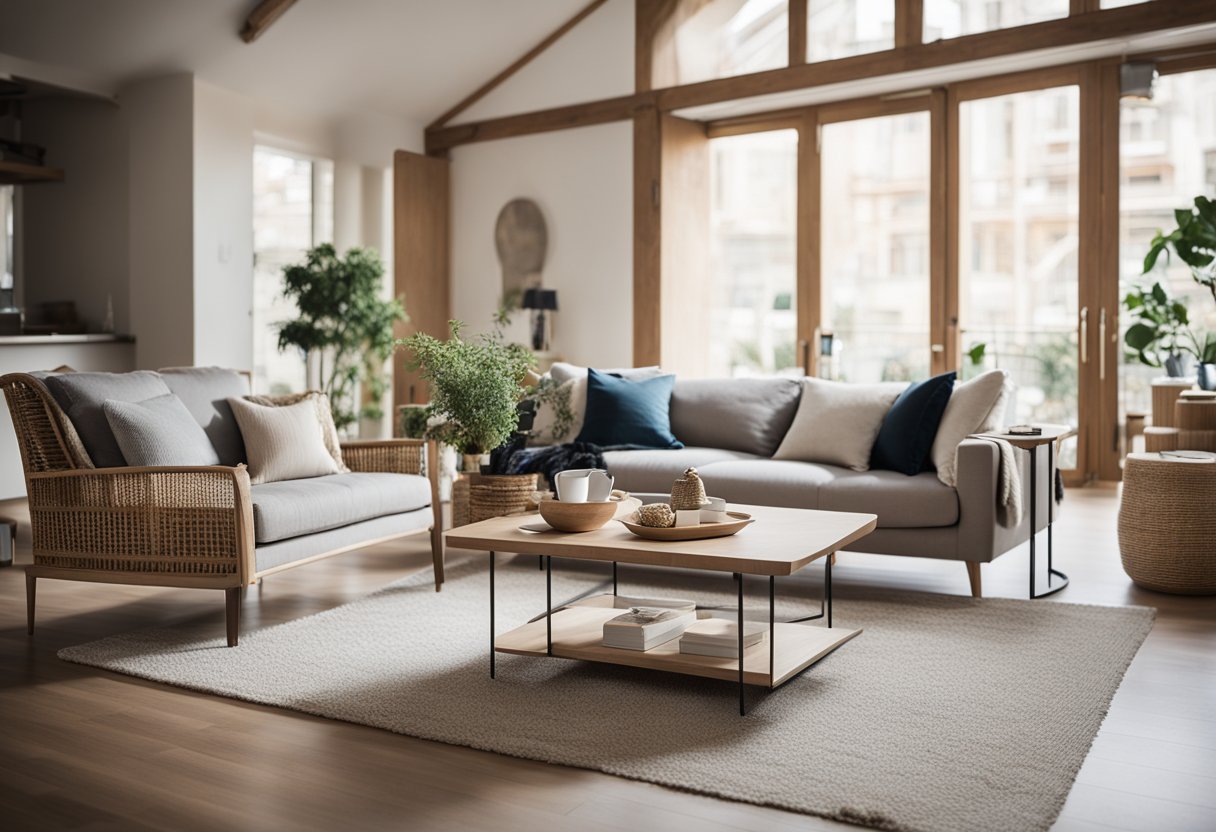 A warm and inviting living room with a comfortable sofa, a stylish coffee table, and soft, plush rugs. The space is filled with natural light and adorned with tasteful decor