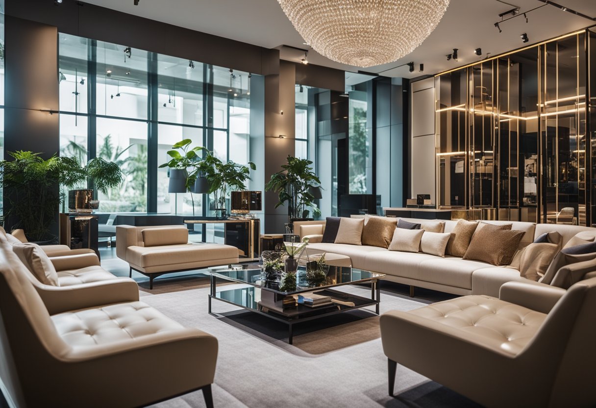 A showroom filled with sleek, modern furniture. Bright lights highlight the clean lines and luxurious materials. A sign advertises a designer furniture sale in Singapore