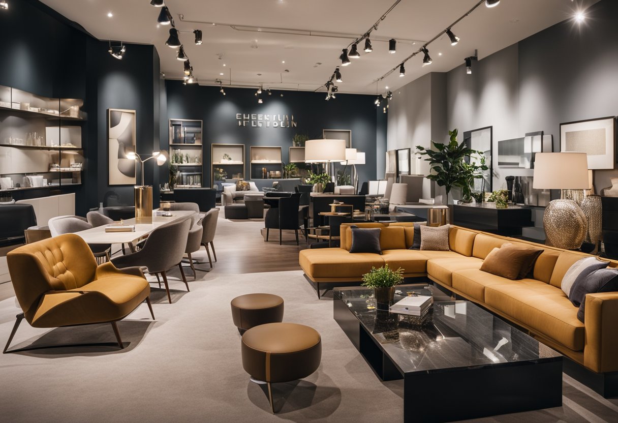 A bustling furniture showroom with sleek, modern designs on display. Customers browse and admire the stylish pieces on sale