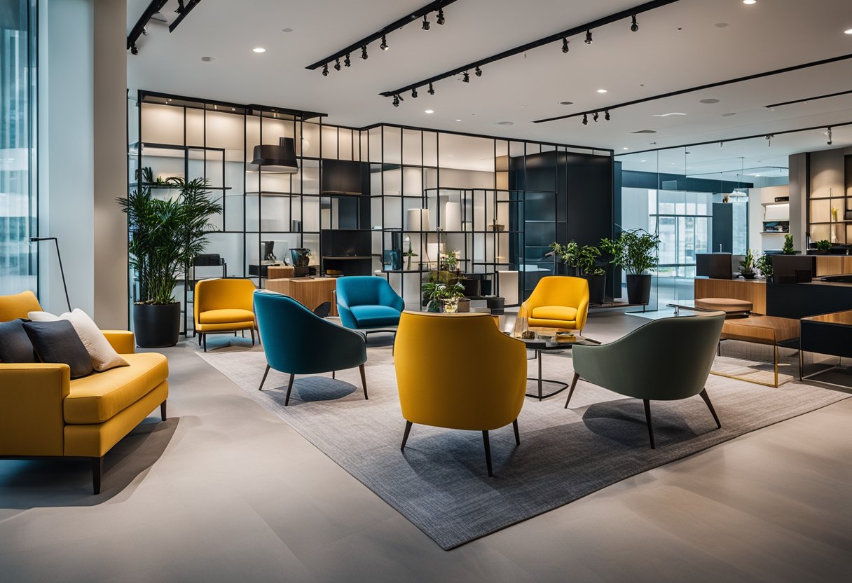 A modern showroom with sleek designer furniture on sale in Singapore. Clean lines, bold colors, and stylish accents create an inviting and upscale atmosphere
