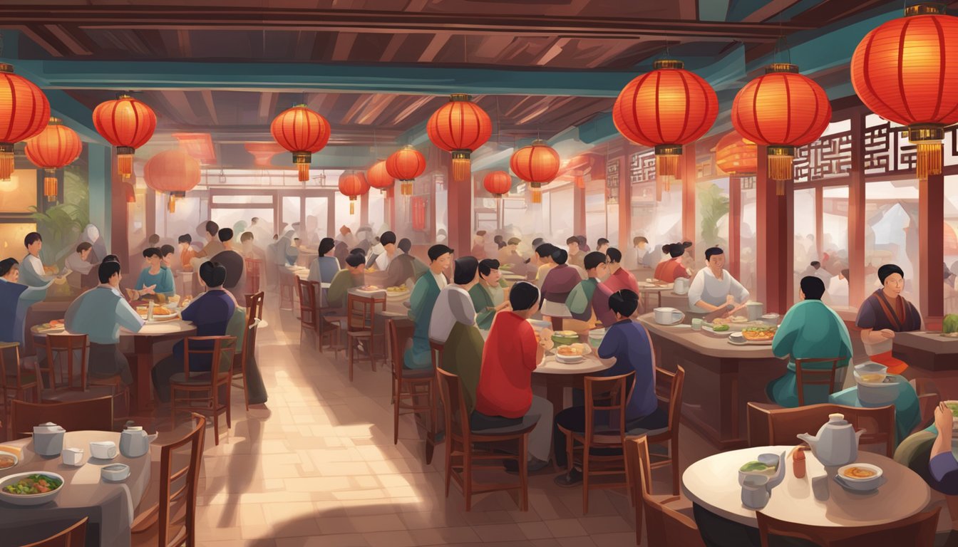A bustling Chinese restaurant with red lanterns, round tables, and a steaming kitchen in the background