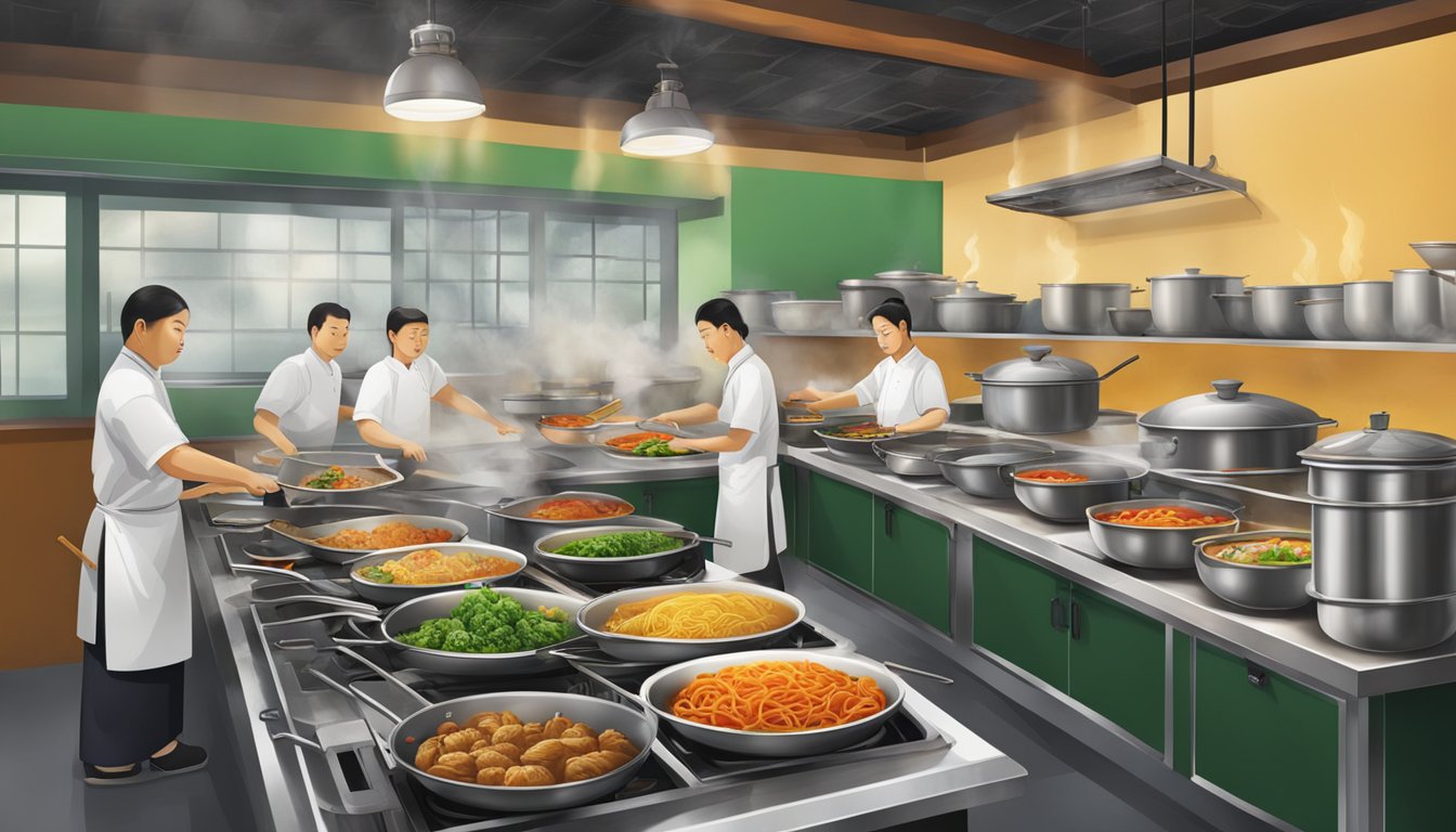 The bustling kitchen of Jia Wei Chinese Restaurant, filled with sizzling woks, steaming pots, and vibrant ingredients ready to be transformed into signature dishes and culinary delights