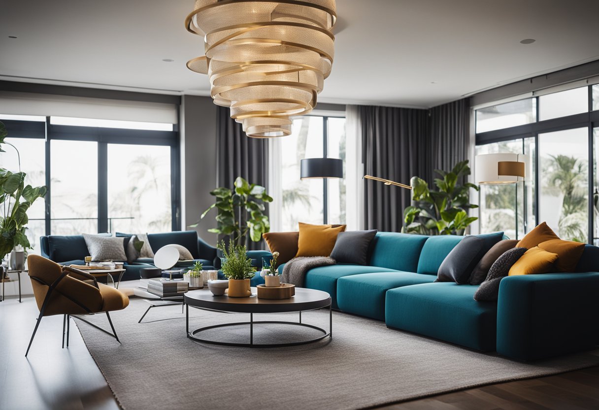 A modern living room with sleek, minimalist furniture and pops of bold color. A large, comfortable sofa sits in the center, surrounded by geometric coffee tables and contemporary lighting fixtures