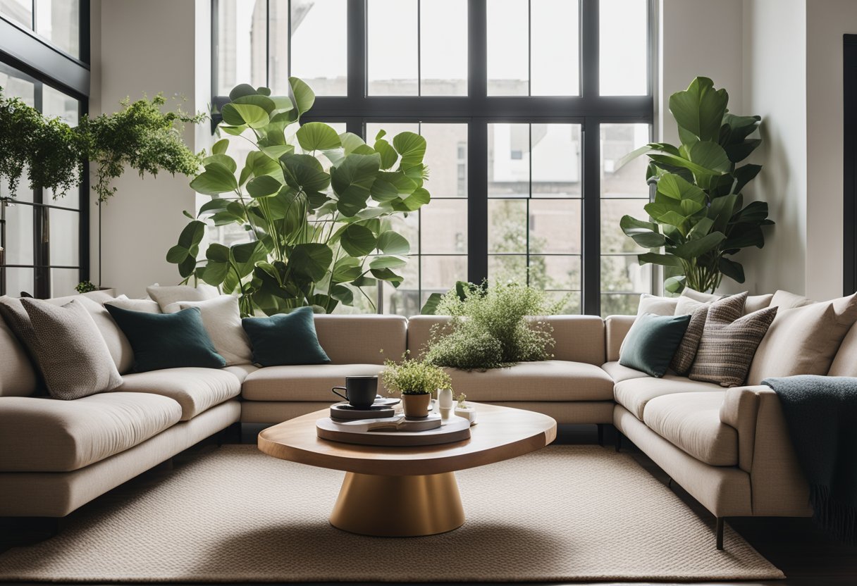 A cozy living room with a large, plush sofa, a sleek coffee table, and a statement rug. A wall of windows lets in natural light, and potted plants add a touch of greenery