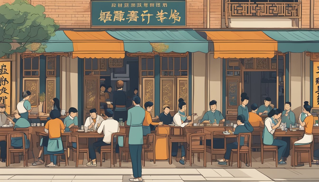 A bustling Chinese restaurant with a sign "Frequently Asked Questions" above the entrance, diners enjoying their meals inside, and waitstaff attending to customers