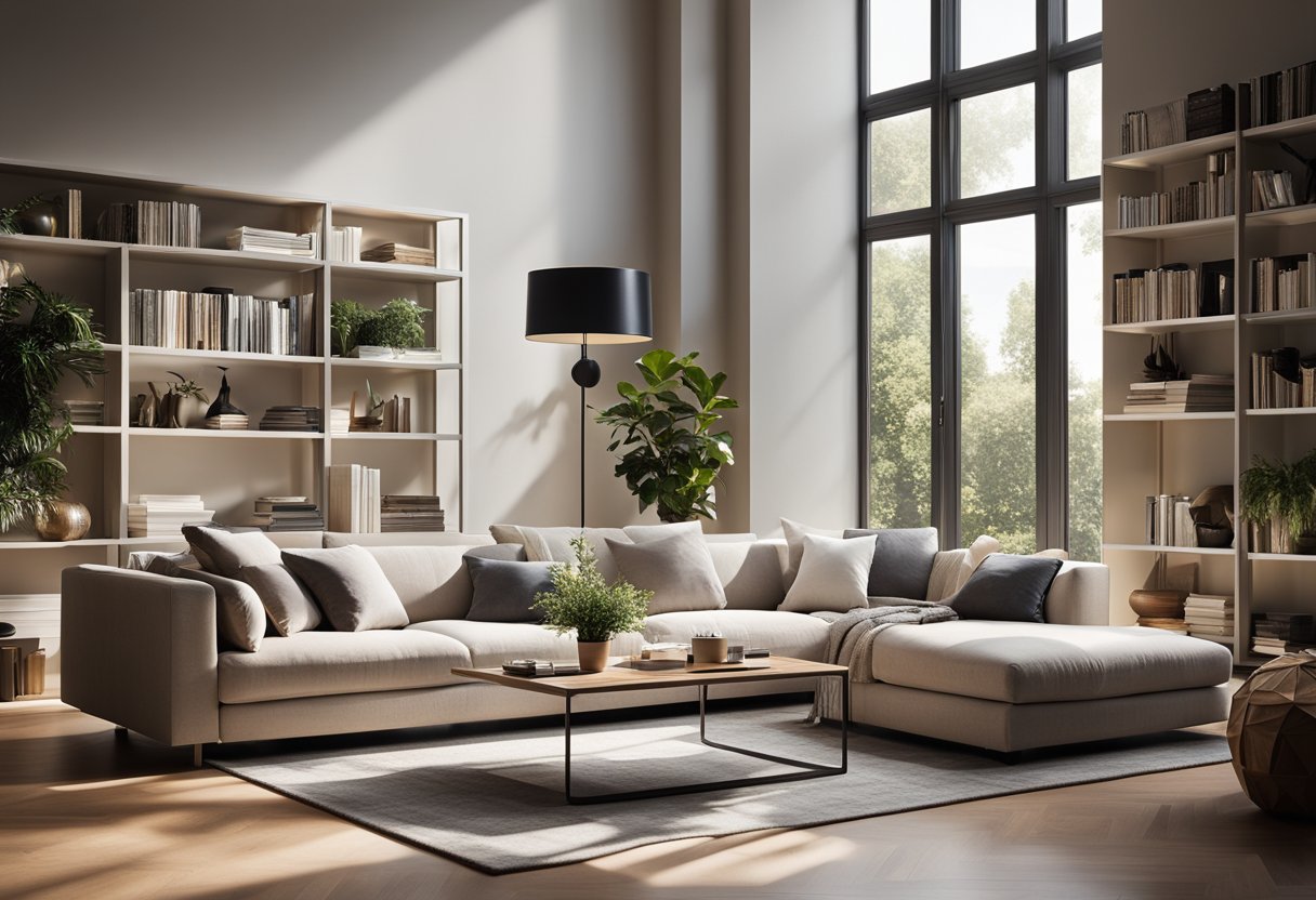 A cozy living room with a modern sofa, a sleek coffee table, and stylish shelving filled with decor and books. Bright natural light streams in from large windows, casting a warm glow over the space