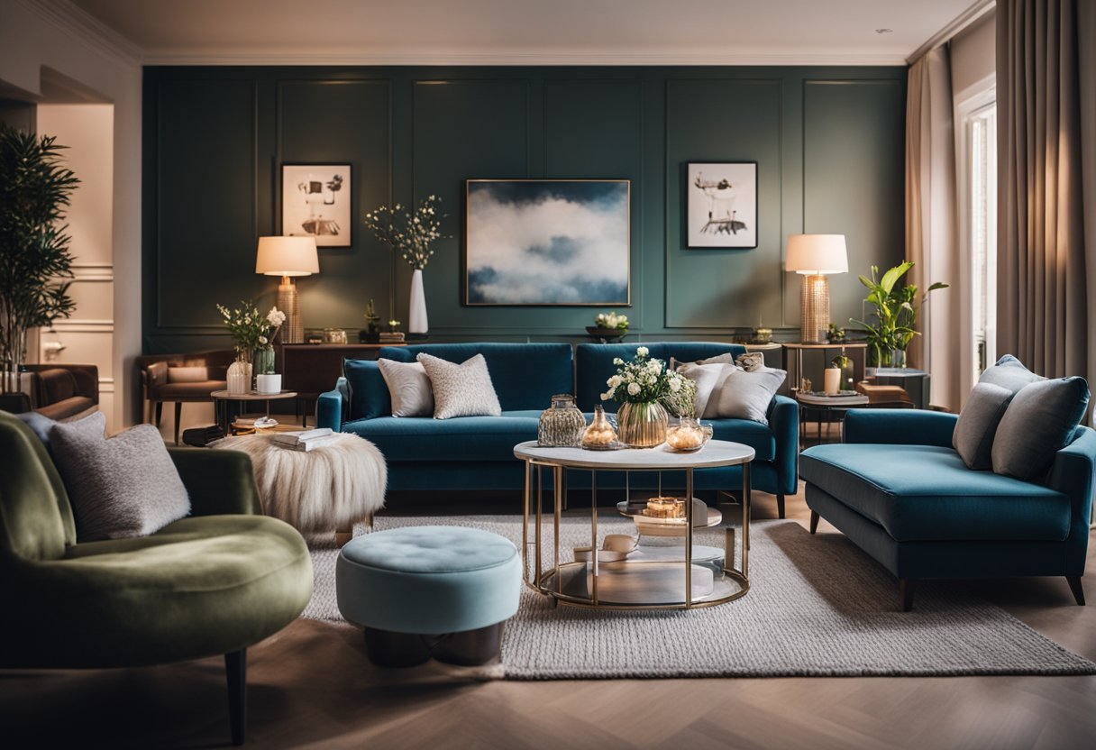 A cozy living room with a plush sofa, elegant coffee table, and stylish armchairs. Soft lighting and vibrant decor create a welcoming atmosphere