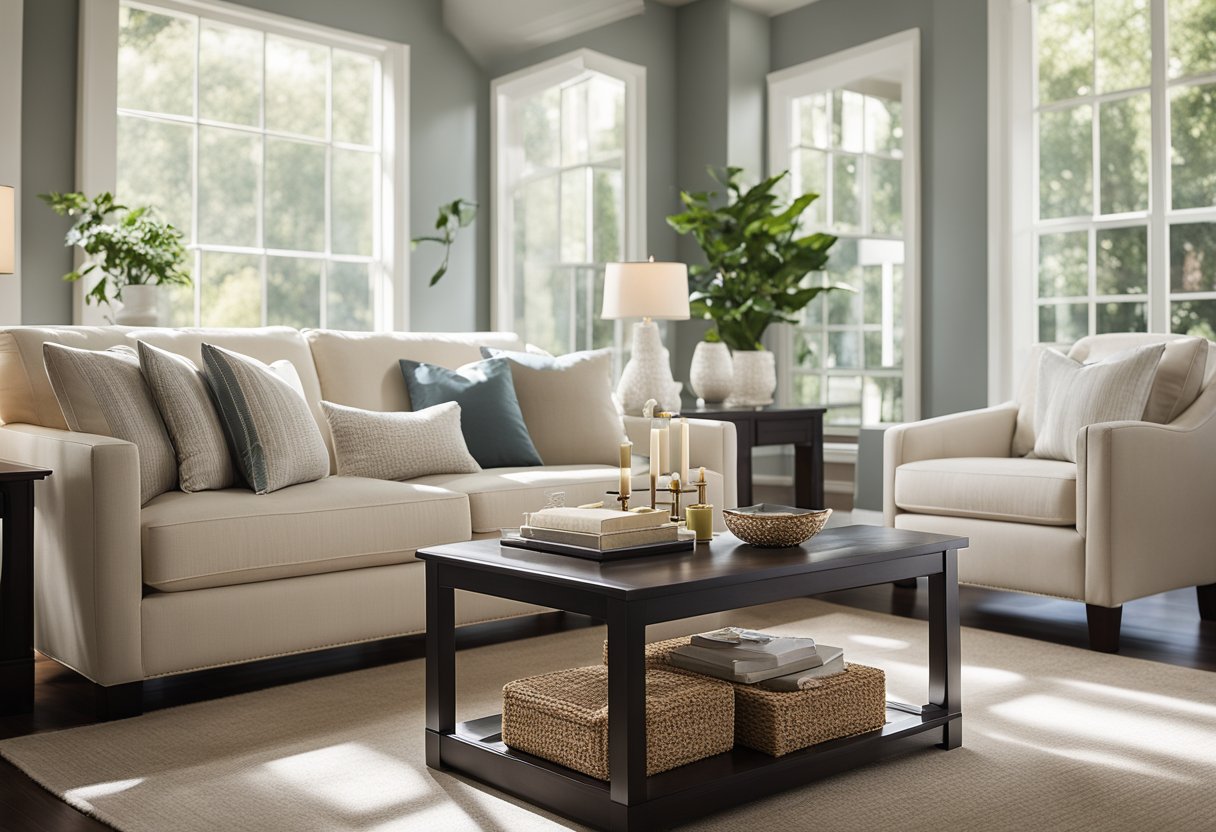 A cozy living room with ethan allen furniture, a sleek sofa, and a modern coffee table. The room is well-lit with natural sunlight streaming in through large windows