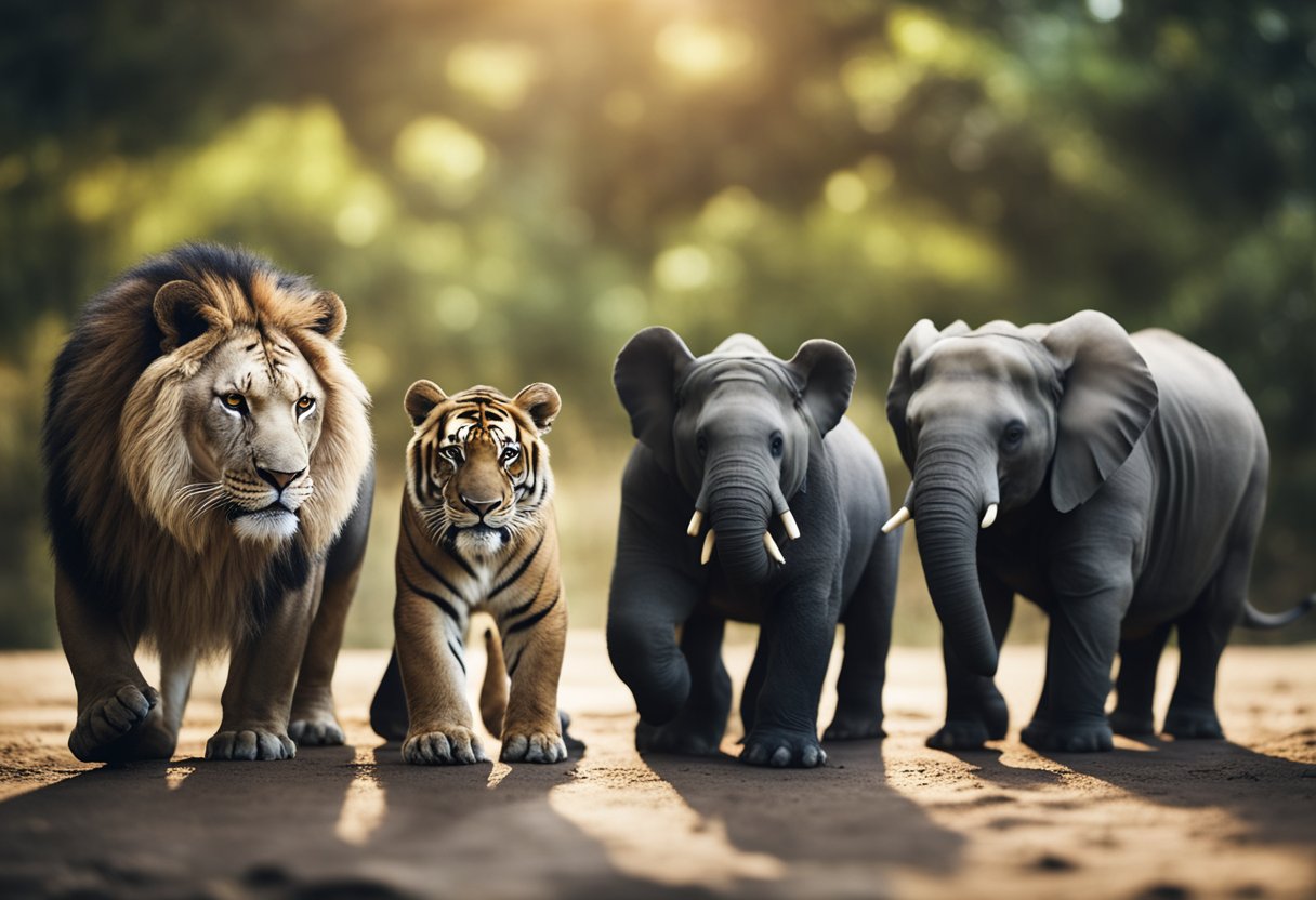 A lion, tiger, elephant, rhinoceros, and panda stand together, their future uncertain