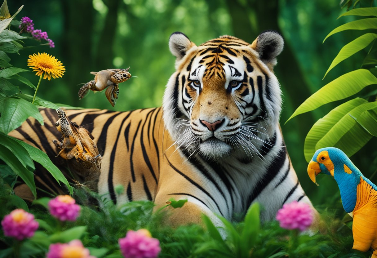 Various endangered animals gather in a lush forest, including a majestic tiger, a gentle giant panda, a graceful sea turtle, and a majestic rhinoceros. They are surrounded by lush greenery and vibrant flowers, symbolizing the urgent need for conservation