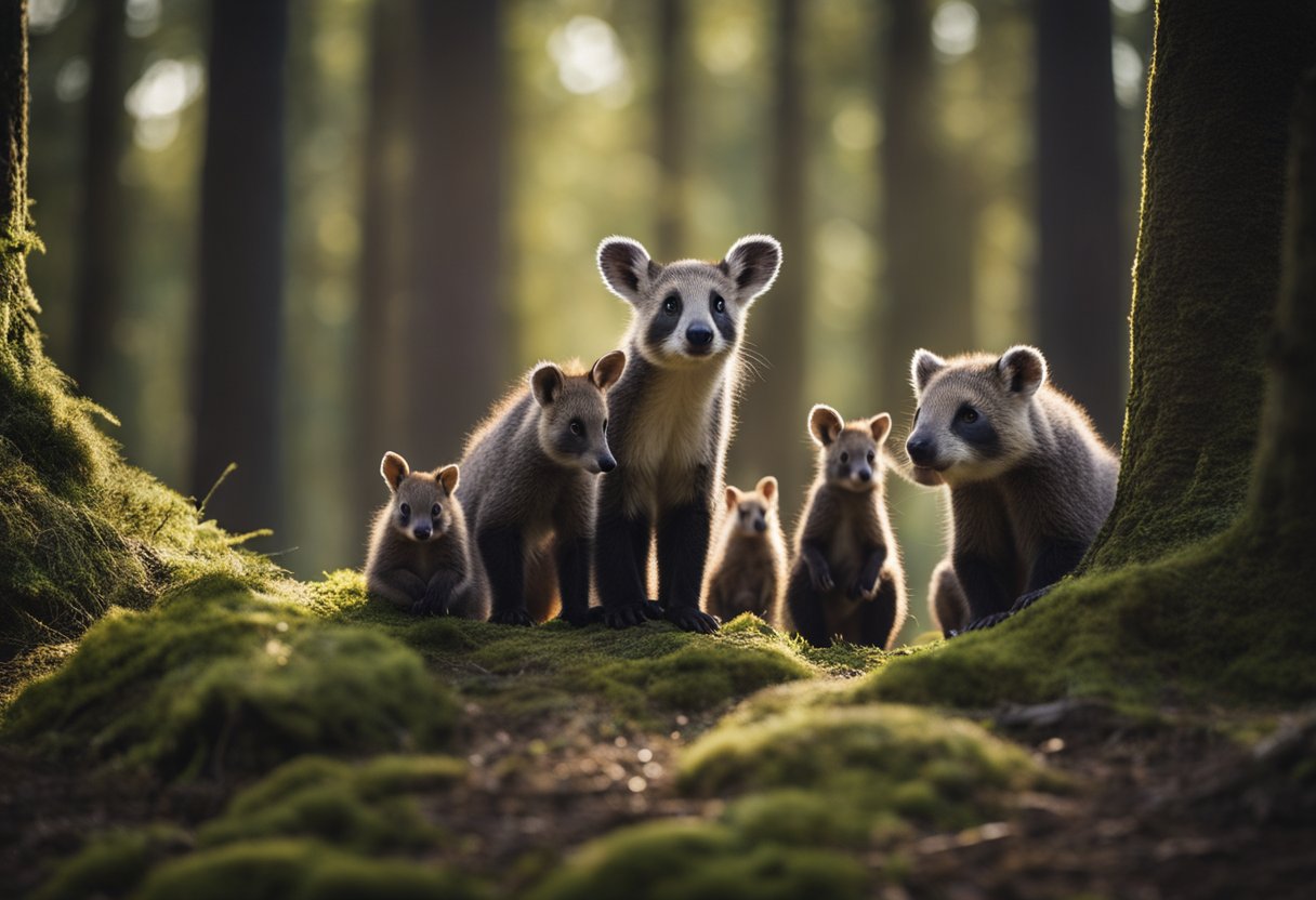 Various mammals huddle together in a shrinking forest, surrounded by encroaching human development. A sense of urgency and fear is palpable as they face the threat of extinction