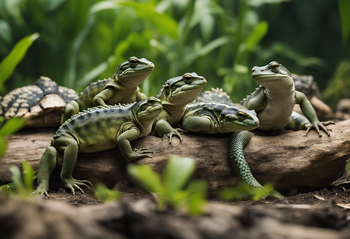 Reptiles in danger: A group of endangered reptiles huddled together in a shrinking habitat, surrounded by encroaching human development and pollution