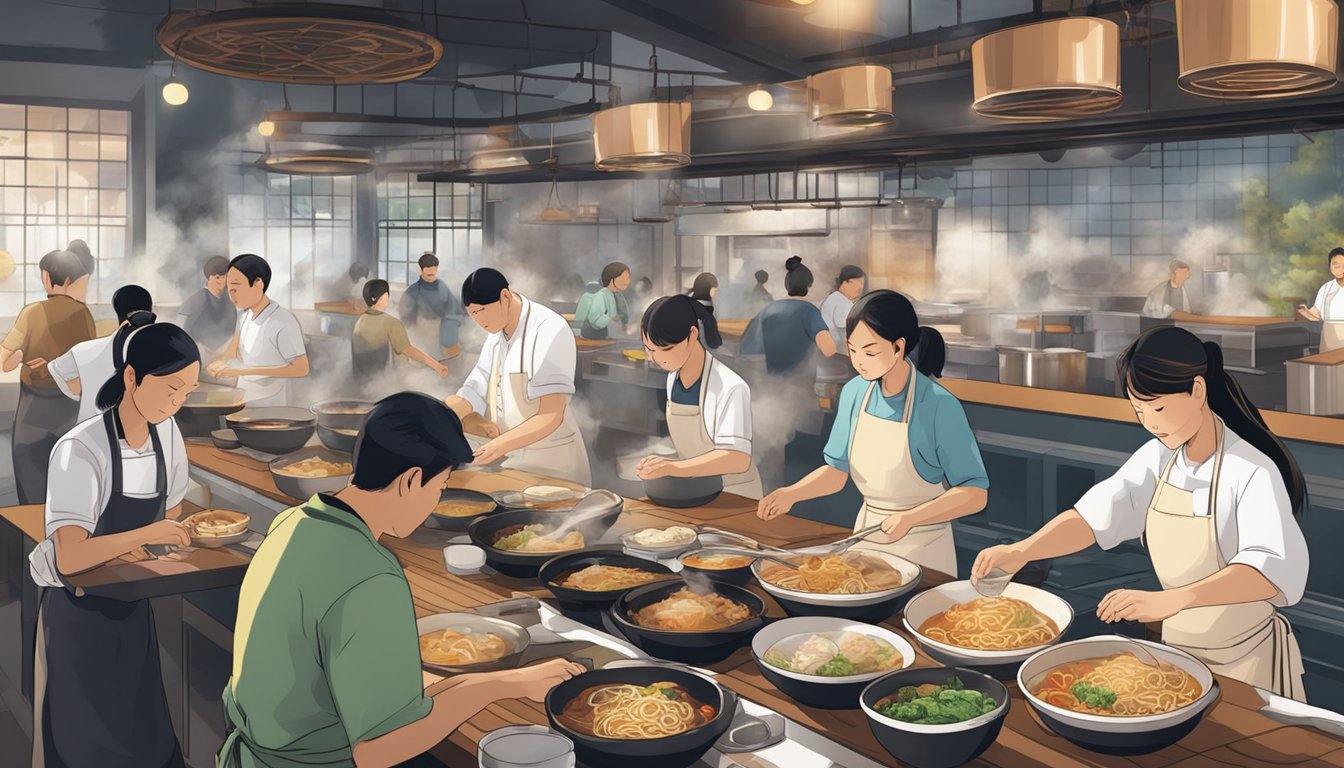Customers sampling various ramen dishes in a bustling restaurant. Steam rises from bowls as chefs prepare different varieties in an open kitchen