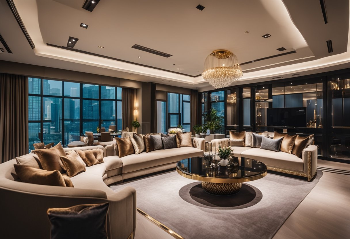 A luxurious living room set with plush sofas, elegant coffee tables, and soft lighting at the Expo Furniture Fair Singapore