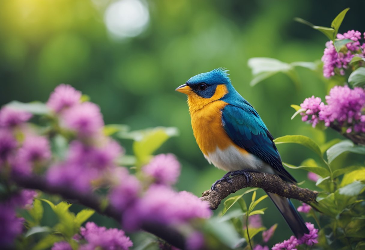 Colorful birds perch on leafy branches, while endangered animals roam below. A sense of urgency is conveyed through the wilted plants and barren landscape
