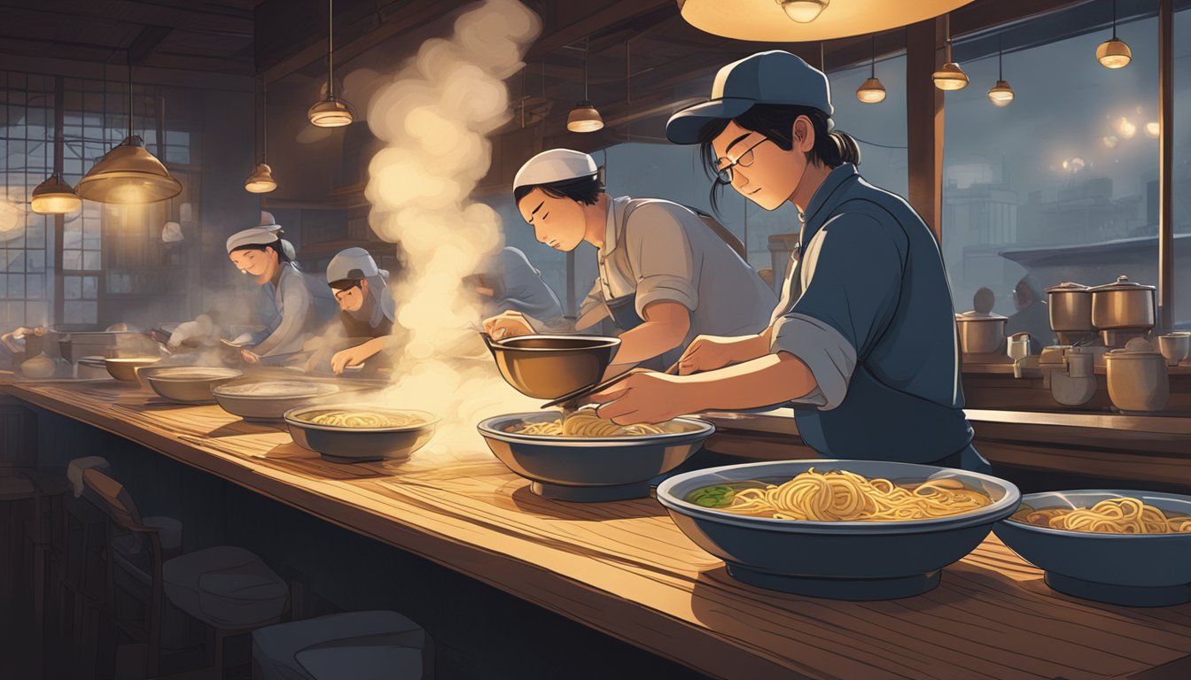 Customers slurping ramen at a cozy, dimly lit restaurant with steam rising from their bowls. A chef is skillfully preparing noodles behind the counter