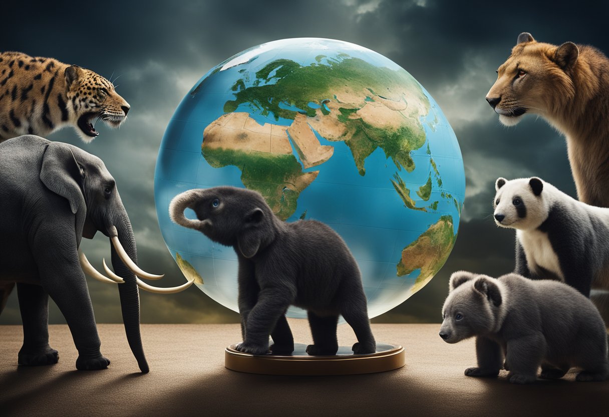 Various endangered animals gather around a globe, symbolizing their uncertain future. A dark cloud looms overhead, representing the threat of extinction