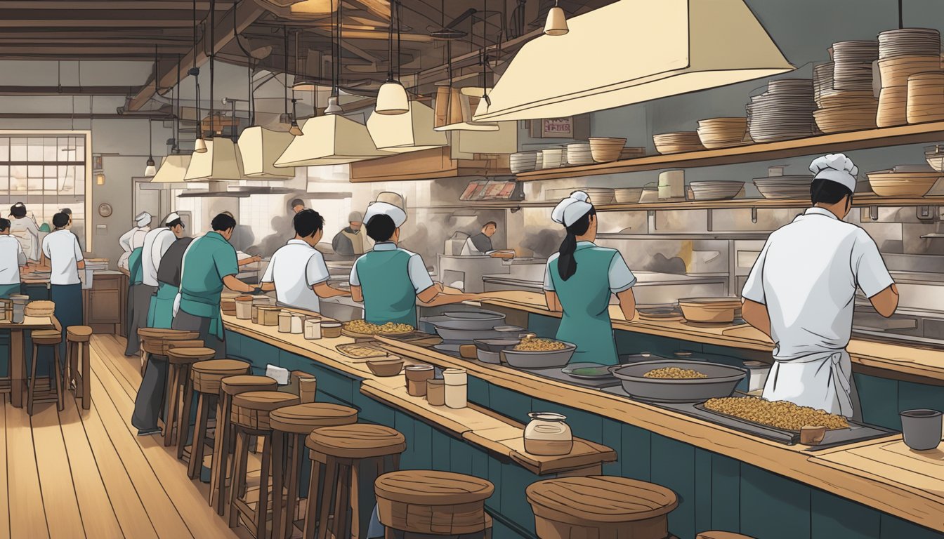 A bustling ramen restaurant with a line of customers out the door, steam rising from bowls of noodles, and chefs working quickly behind the counter