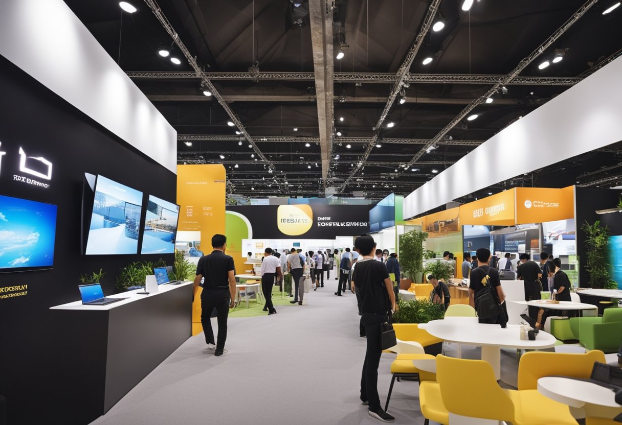 Vibrant booths showcase modern furniture at the Singapore expo. Attendees enjoy interactive displays and special offers