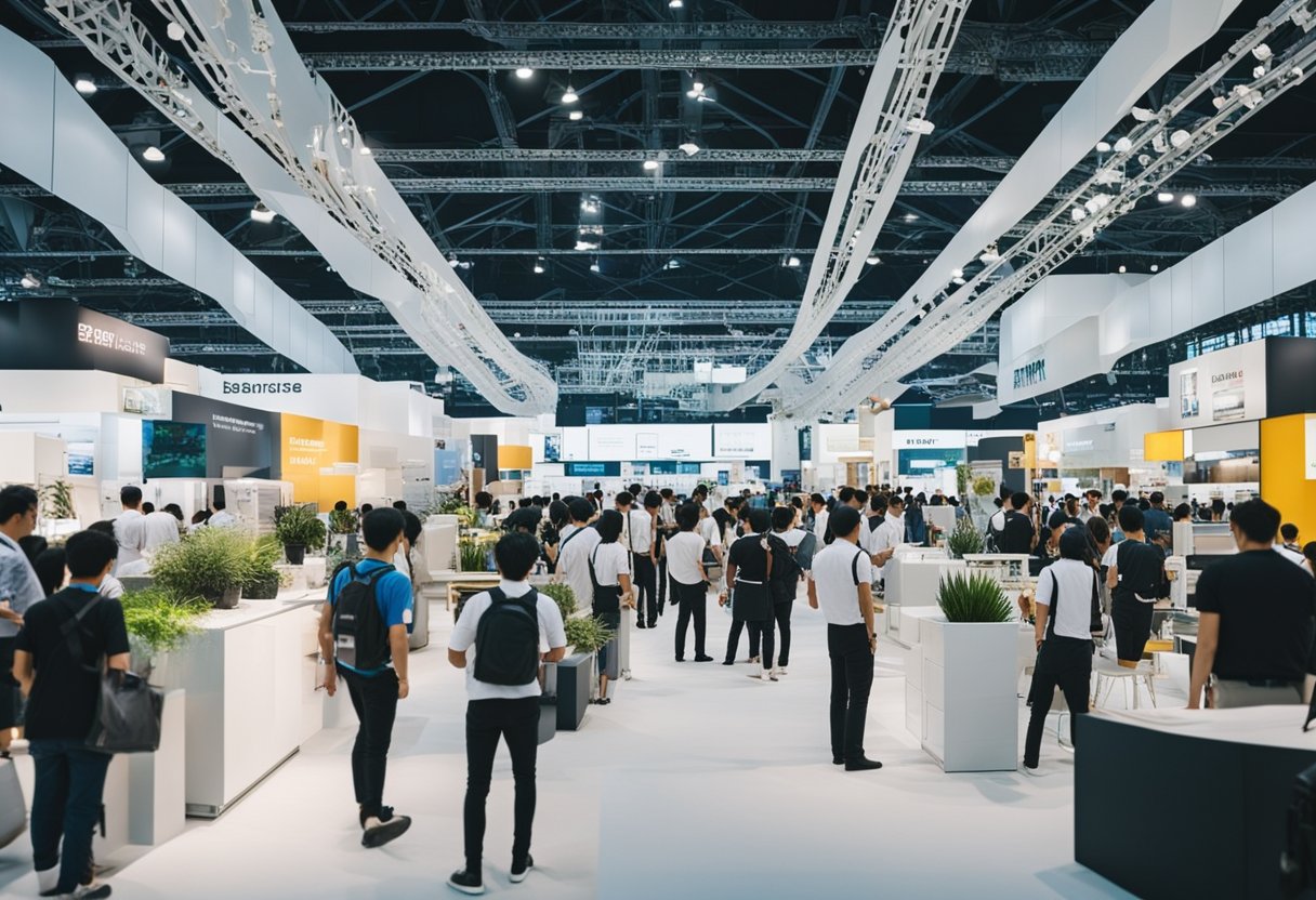 A bustling expo hall filled with modern furniture displays and eager attendees at the Singapore FAIR