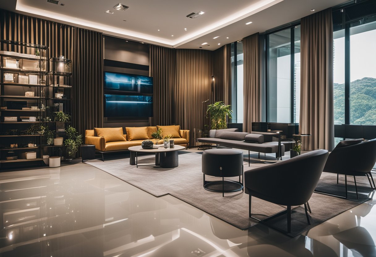 A spacious showroom with modern furniture displays in Singapore