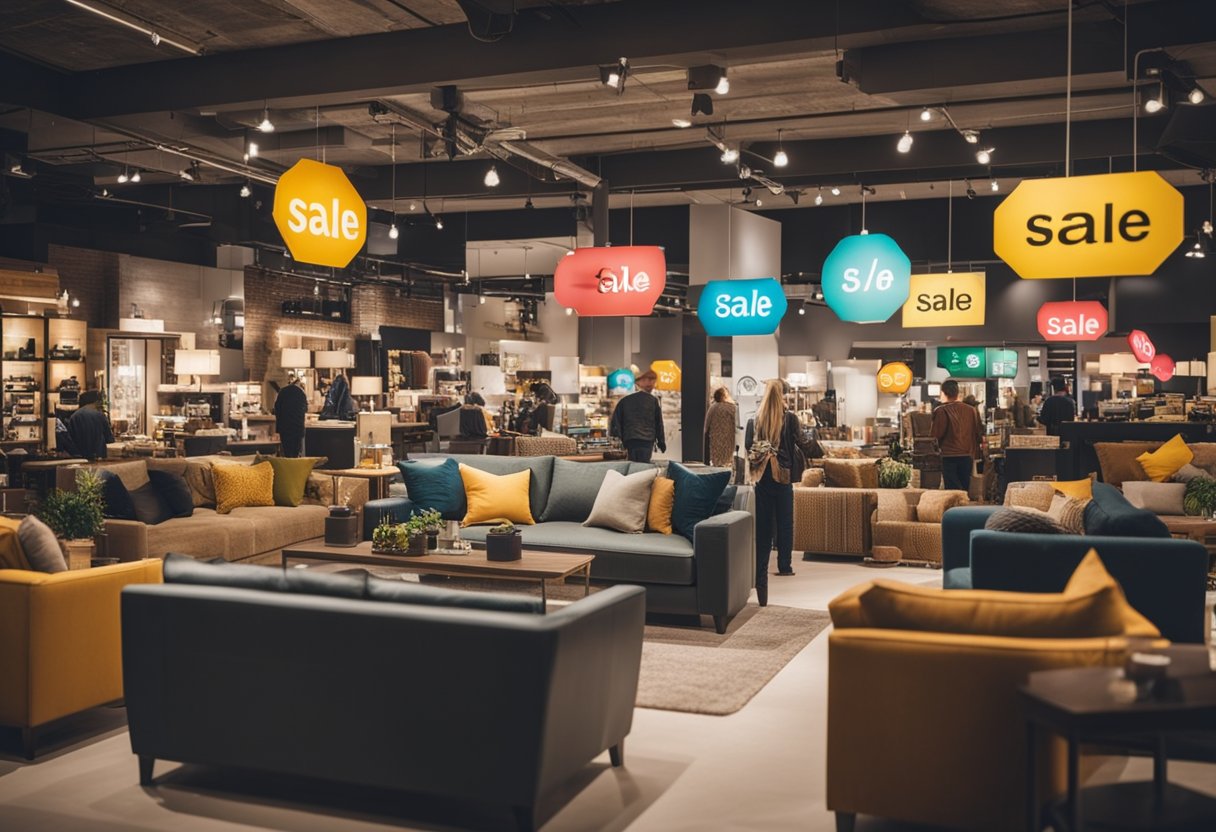 A crowded furniture store with bright sale signs and customers browsing through discounted items