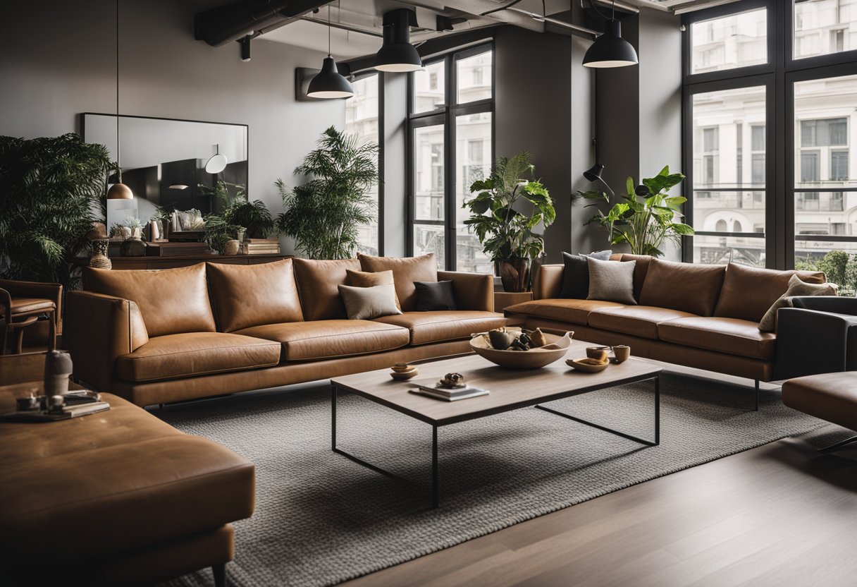 A room filled with various furniture pieces, including sofas, tables, and chairs. The space is well-lit and inviting, with a cozy and modern aesthetic