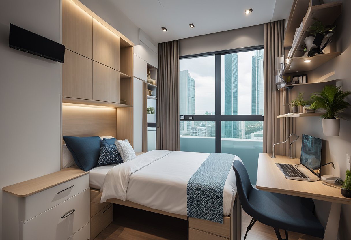 A compact studio apartment in Singapore with multifunctional furniture, foldable tables and chairs, and clever storage solutions to maximize the limited living space