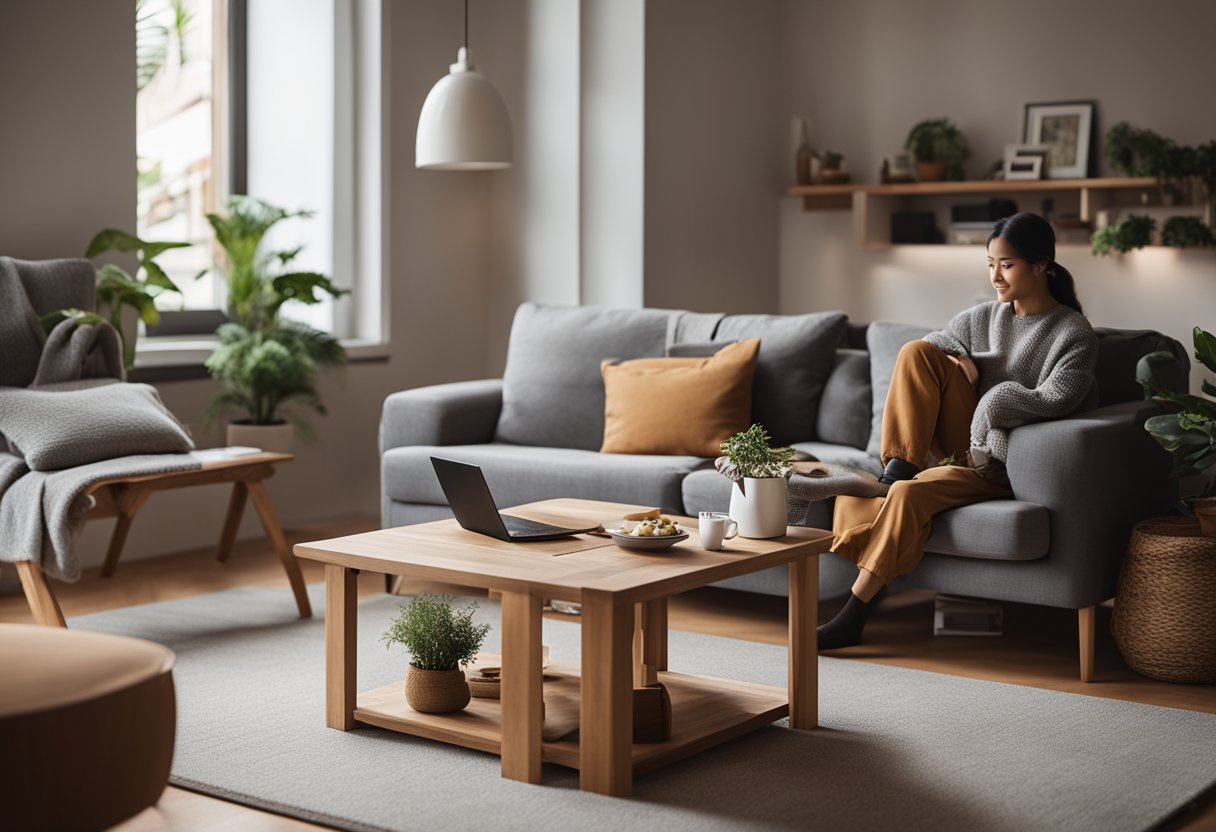 A person arranging a compact sofa and a foldable table in a cozy living room with limited space