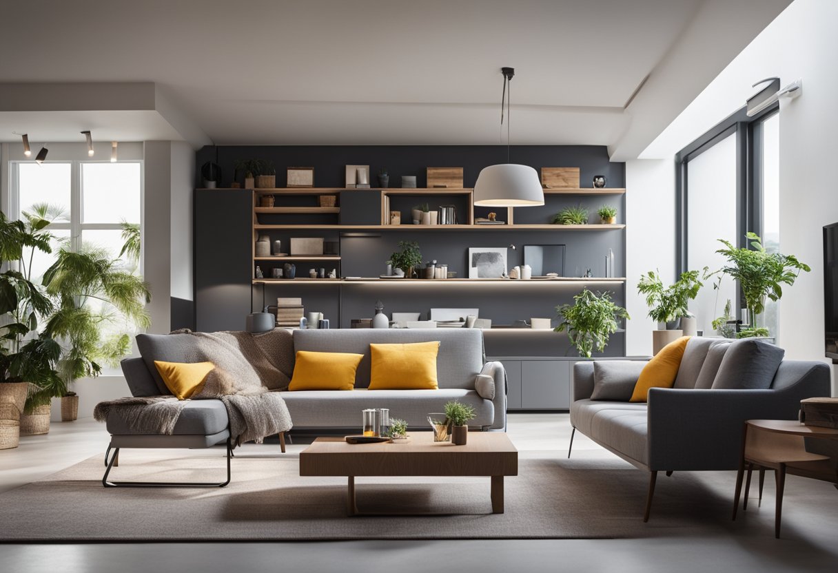 A compact living room with a convertible sofa, foldable dining table, and wall-mounted storage solutions. Bright, modern, and space-saving furniture arrangement