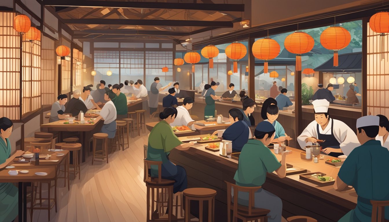 A bustling restaurant with traditional Japanese decor, paper lanterns, and wooden tables. Sushi chefs behind a bar, preparing fresh seafood. Patrons enjoying their meals in a lively atmosphere