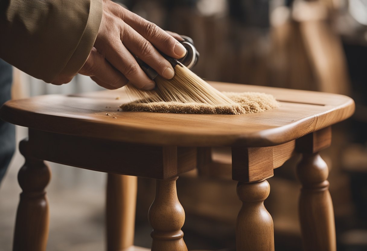 A worn-out wooden chair is being carefully sanded down, revealing its natural grain. A skilled craftsman applies a rich stain, bringing out the beauty of the wood