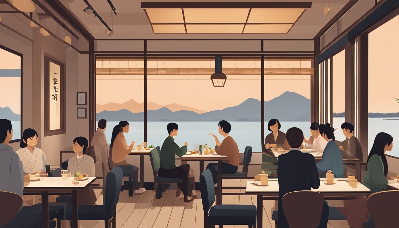 Customers sit at tables, enjoying traditional Japanese cuisine. The serene atmosphere is accented by minimalist decor and soft lighting