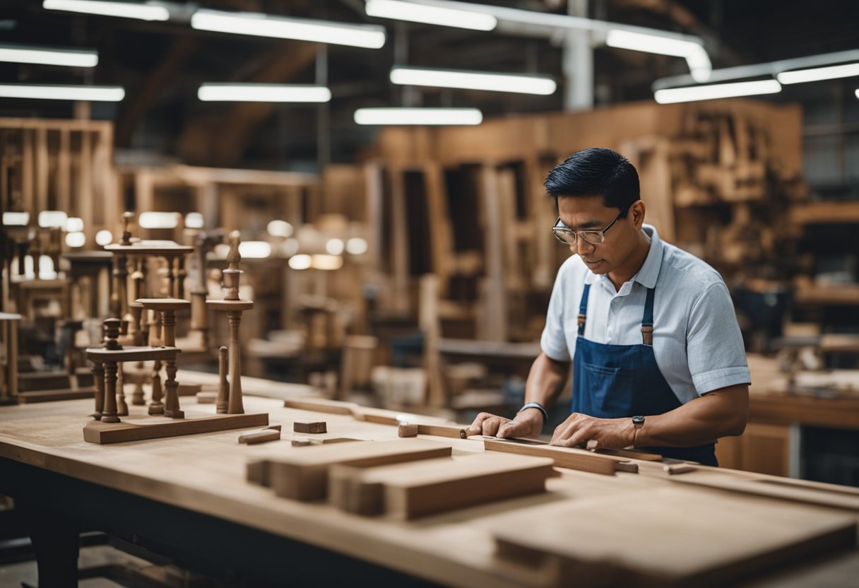A customer browsing through a variety of furniture pieces being refinished by skilled craftsmen in a workshop in Singapore