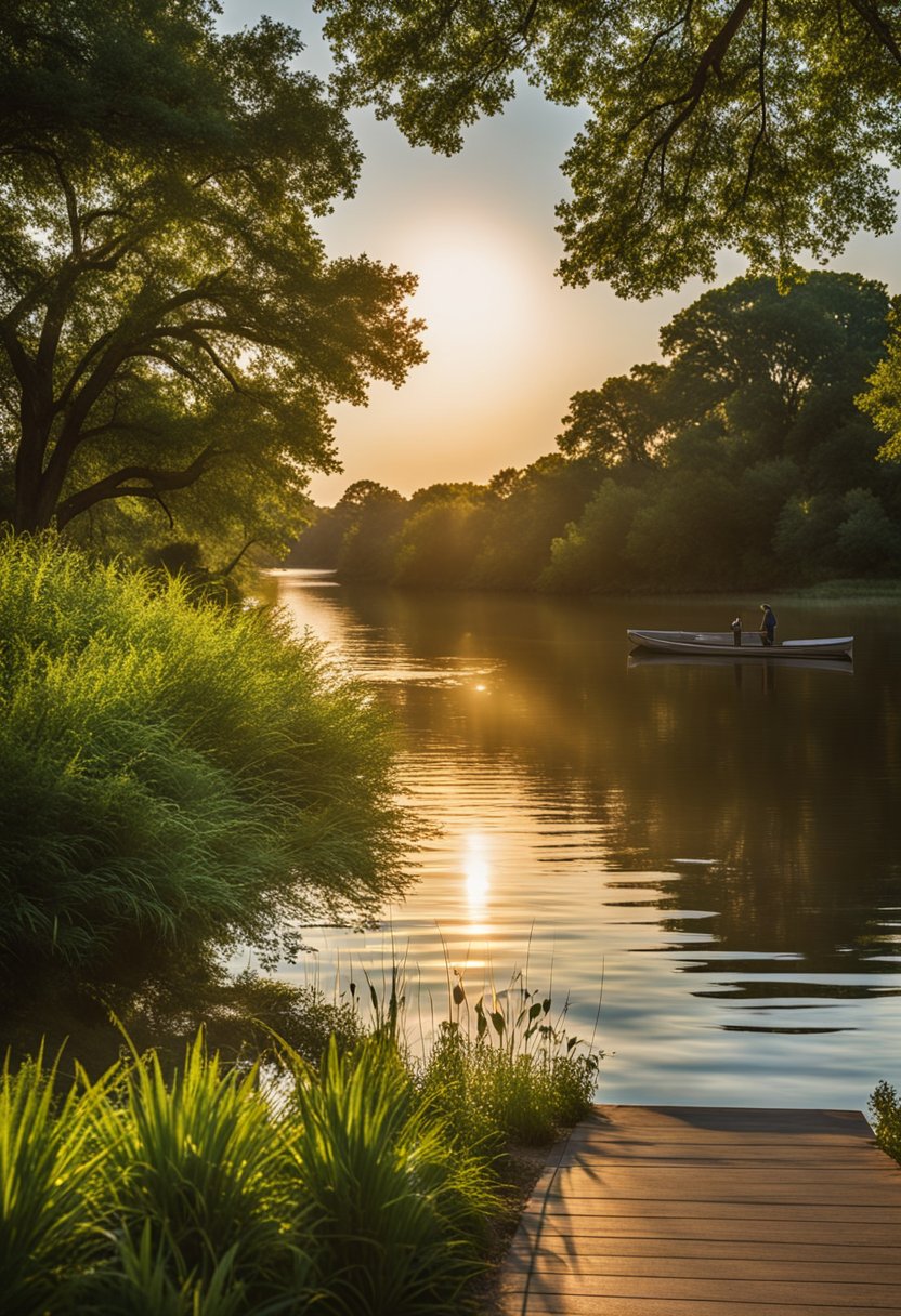 The sun sets over the calm waters of Woodway Park's fishing spots, with lush greenery and a serene atmosphere in downtown Waco