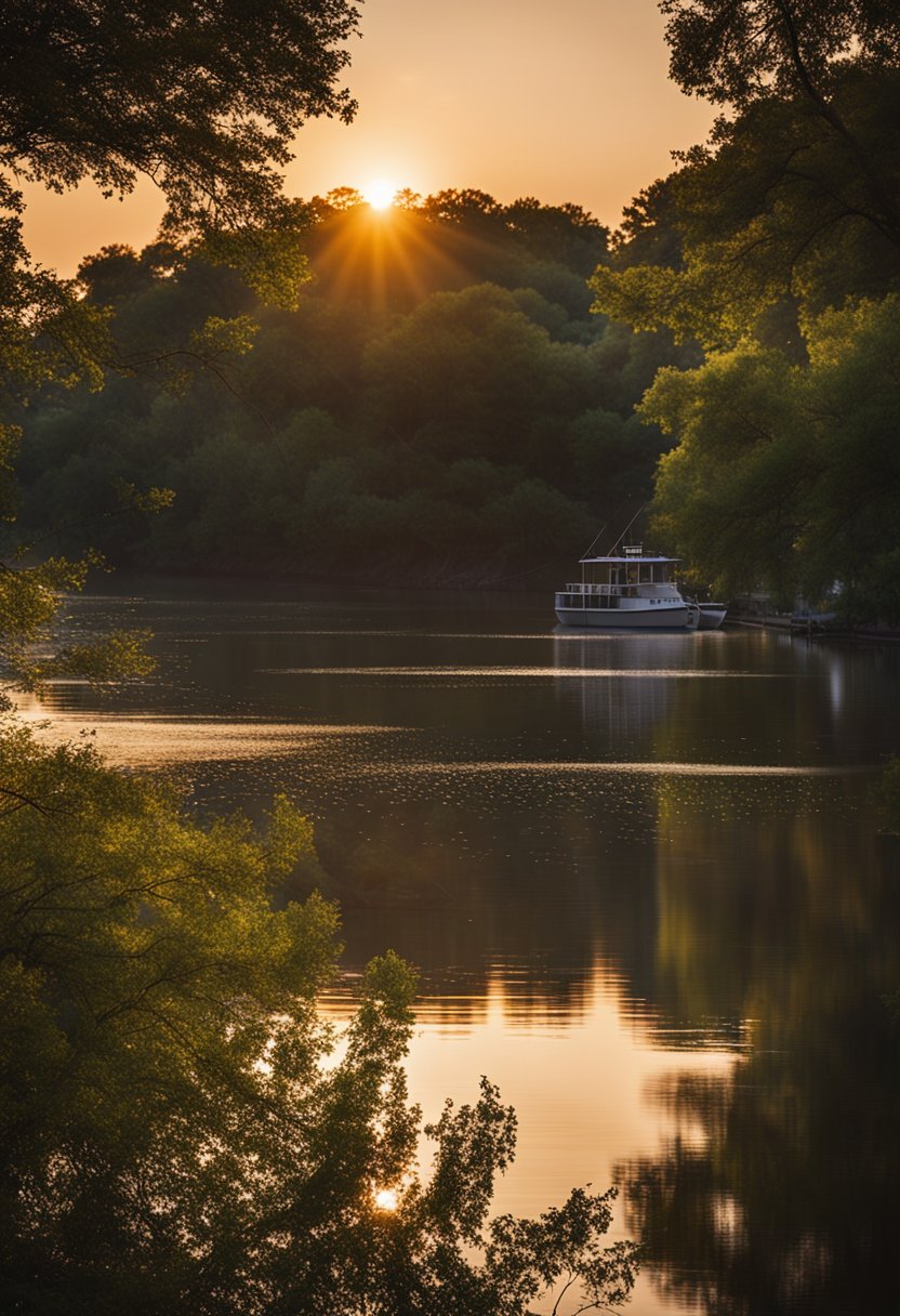 The sun sets over the calm waters of Brazos Park East, with fishing spots dotted along the riverbank in downtown Waco