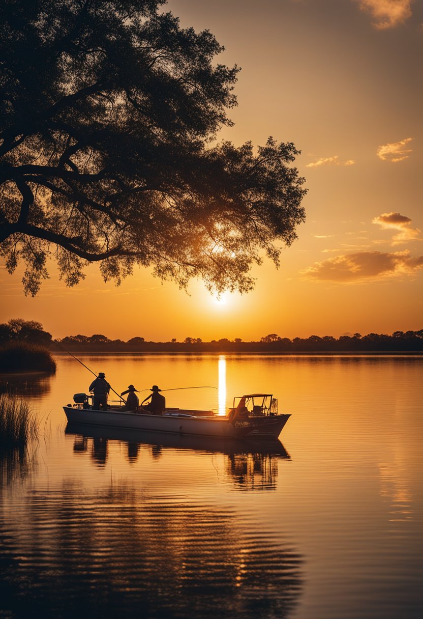 The sun sets over Lake Waco Wetlands, casting a warm glow on the tranquil water. Fishing spots line the downtown area, with lush greenery and wildlife surrounding the peaceful scene