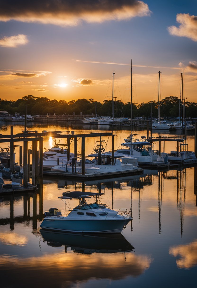The sun sets over Lake Waco Marina, casting a warm glow on the fishing spots nestled in downtown Waco. Boats bob gently in the water, while fishermen cast their lines from the wooden docks
