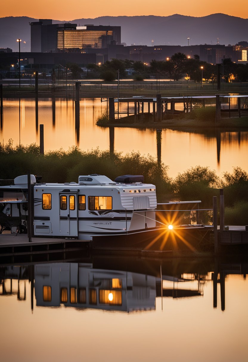 The sun sets over the calm waters of Flat Creek Farms RV Resort, with fishing spots dotted along the downtown Waco skyline