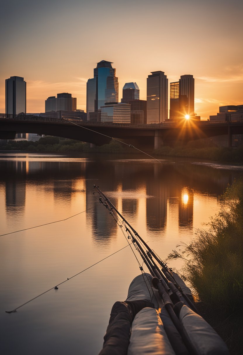 The sun sets over the calm waters of Brazos River, with fishing poles lining the banks and the city skyline in the background