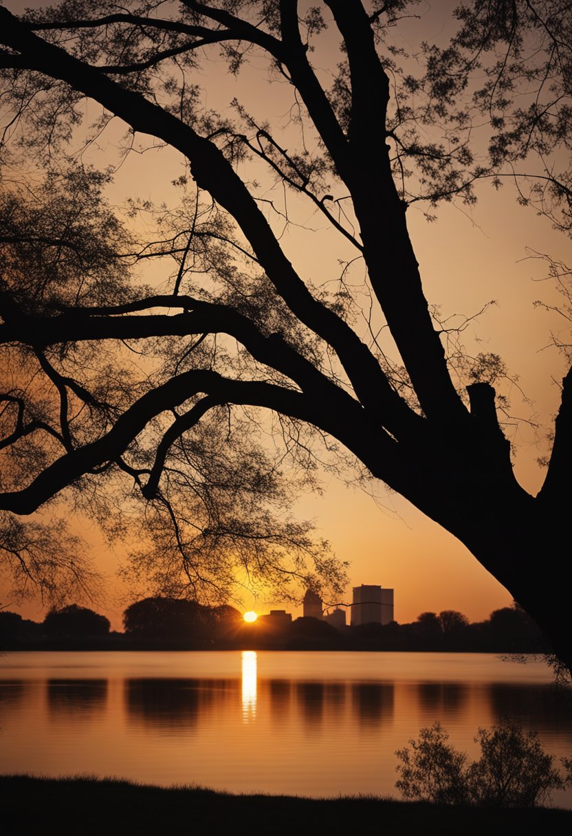 Sunset over calm river, silhouetted trees line the banks. Fishing lines cast into the water, with the downtown Waco skyline in the background