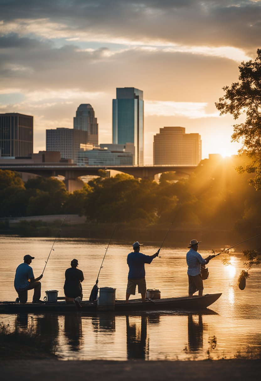 People fishing along the banks of the Brazos River, with the city skyline in the background and the sun setting behind the buildings