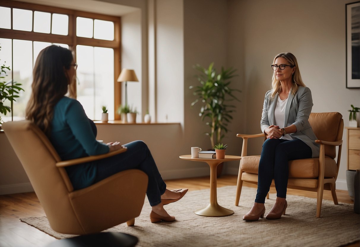 A therapist sits in a calm, serene room, guiding a client through mindfulness exercises. The space is filled with soft lighting and comfortable seating, creating a peaceful and inviting atmosphere for the therapy session