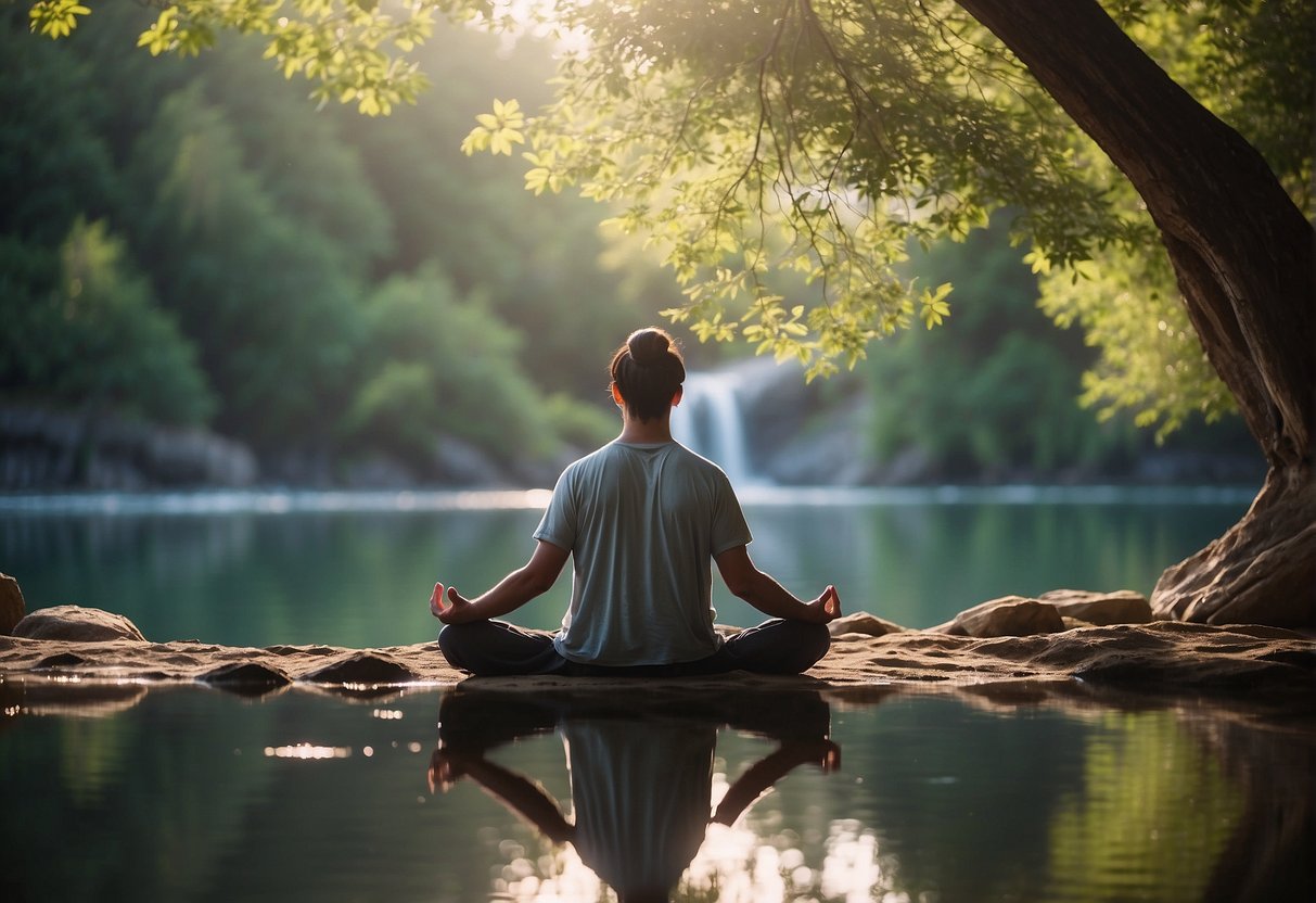 A serene setting with a person meditating, surrounded by nature and calming elements, symbolizing mindfulness therapy's potential for inner peace and self-awareness